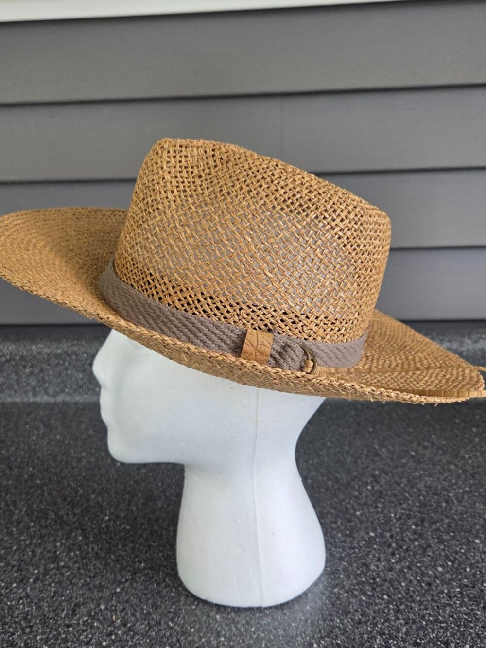 Straw hat with gray fabric band Wide 3" Brim Sun Hat 6 3/4 or 7